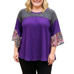 Calessa Size XL Colorblock Raglan Sleeve Purple Blouse Patterned Bell Sleeves
